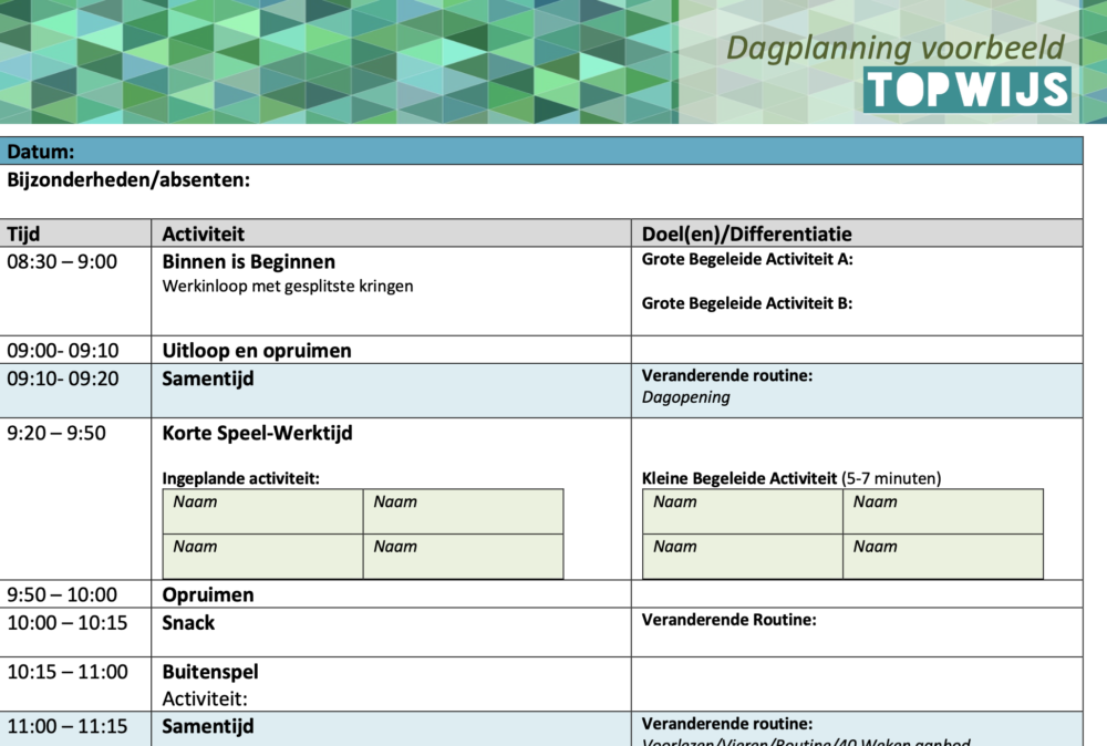 download dagplanning kleuters topwijs